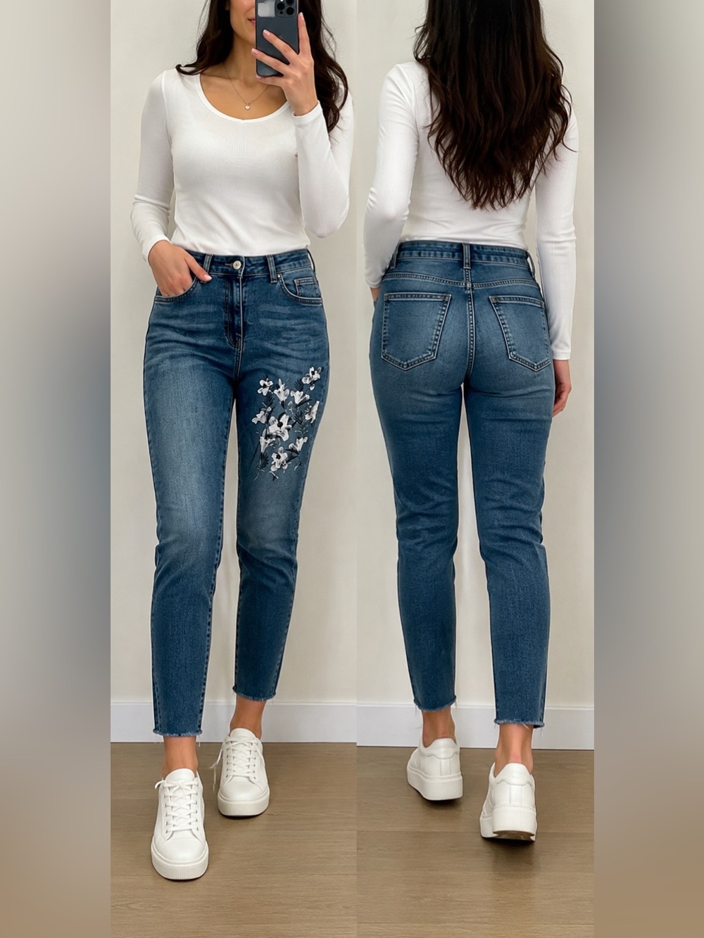 Zara Mid-Blue High-Rise Jeans with White Floral Embroidery